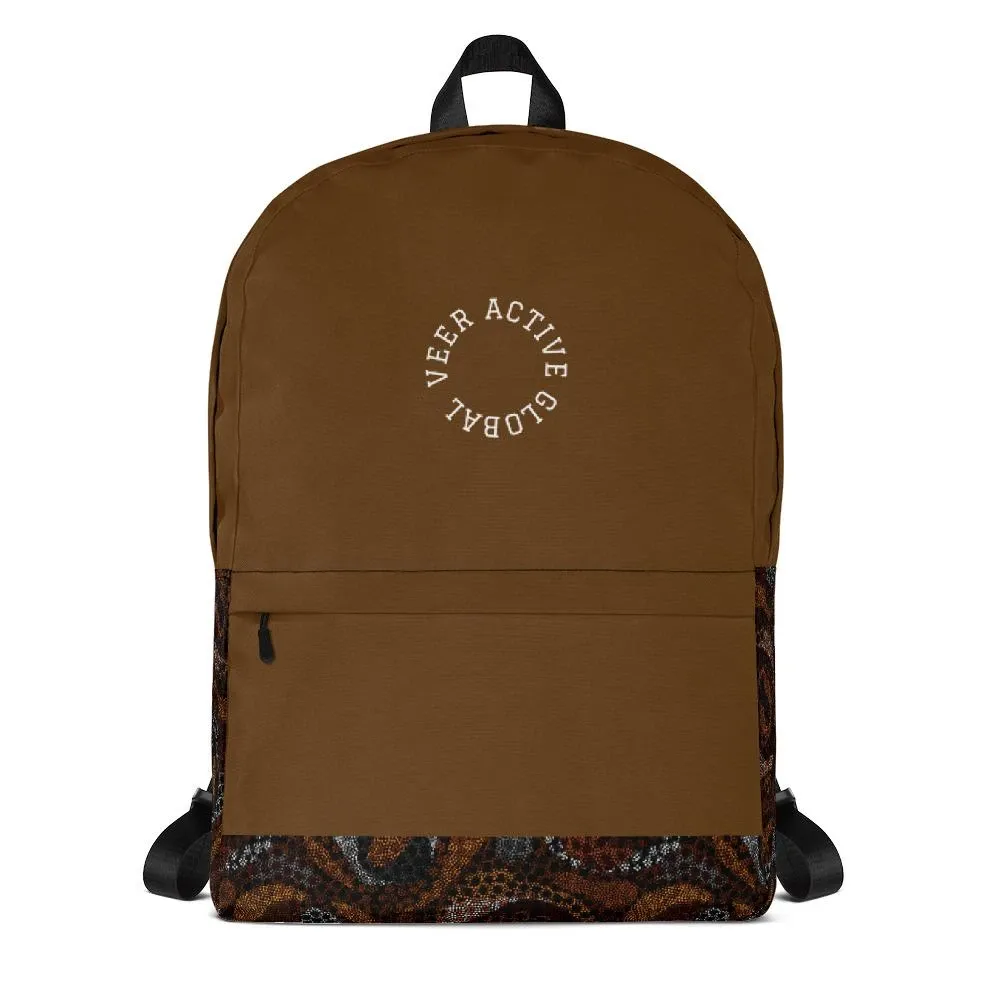 A brown backpack that says veer active global on it