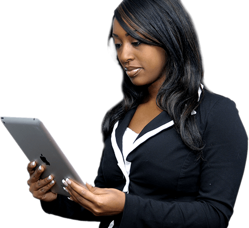 A woman in a black jacket is holding an apple tablet