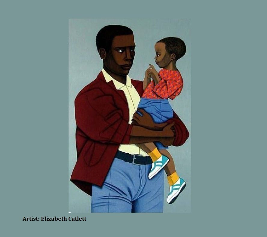 A painting of a man holding a child by artist elizabeth cadett