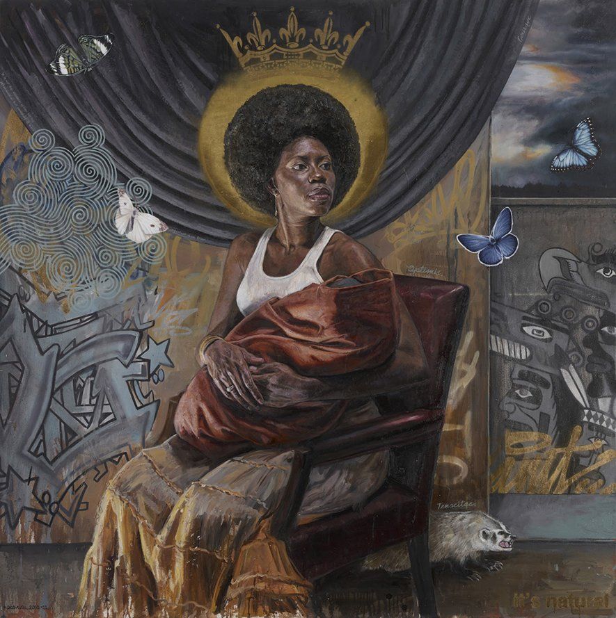 A painting of a woman sitting in a chair with a crown on her head