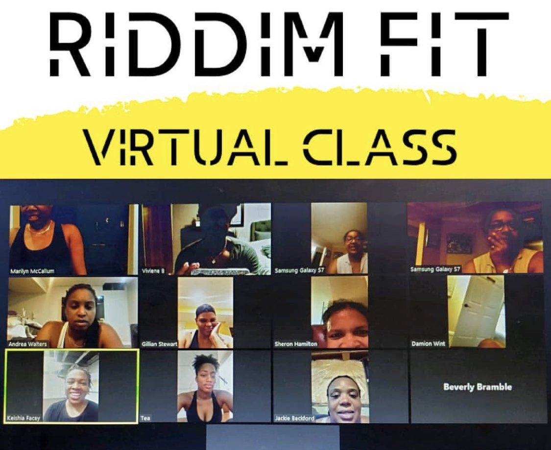 A group of people are having a virtual class called riddim fit