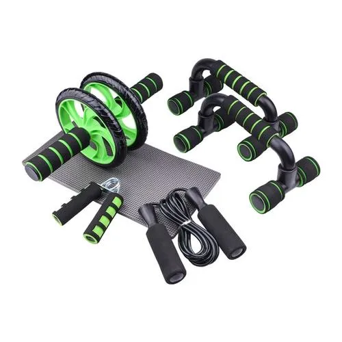 A set of exercise wheels , push up bars , jump rope , hand gripper and mat.