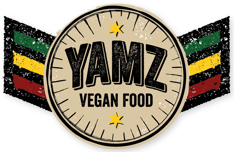 A logo for yamz vegan food with flags in the background