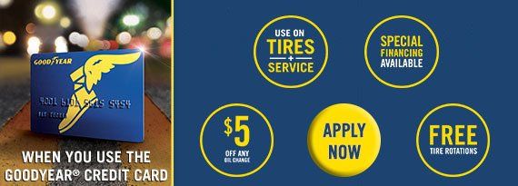 Goodyear credit card ad: Blue card, offers for tires, service, financing, $5 off, apply now, and free tire rotation.