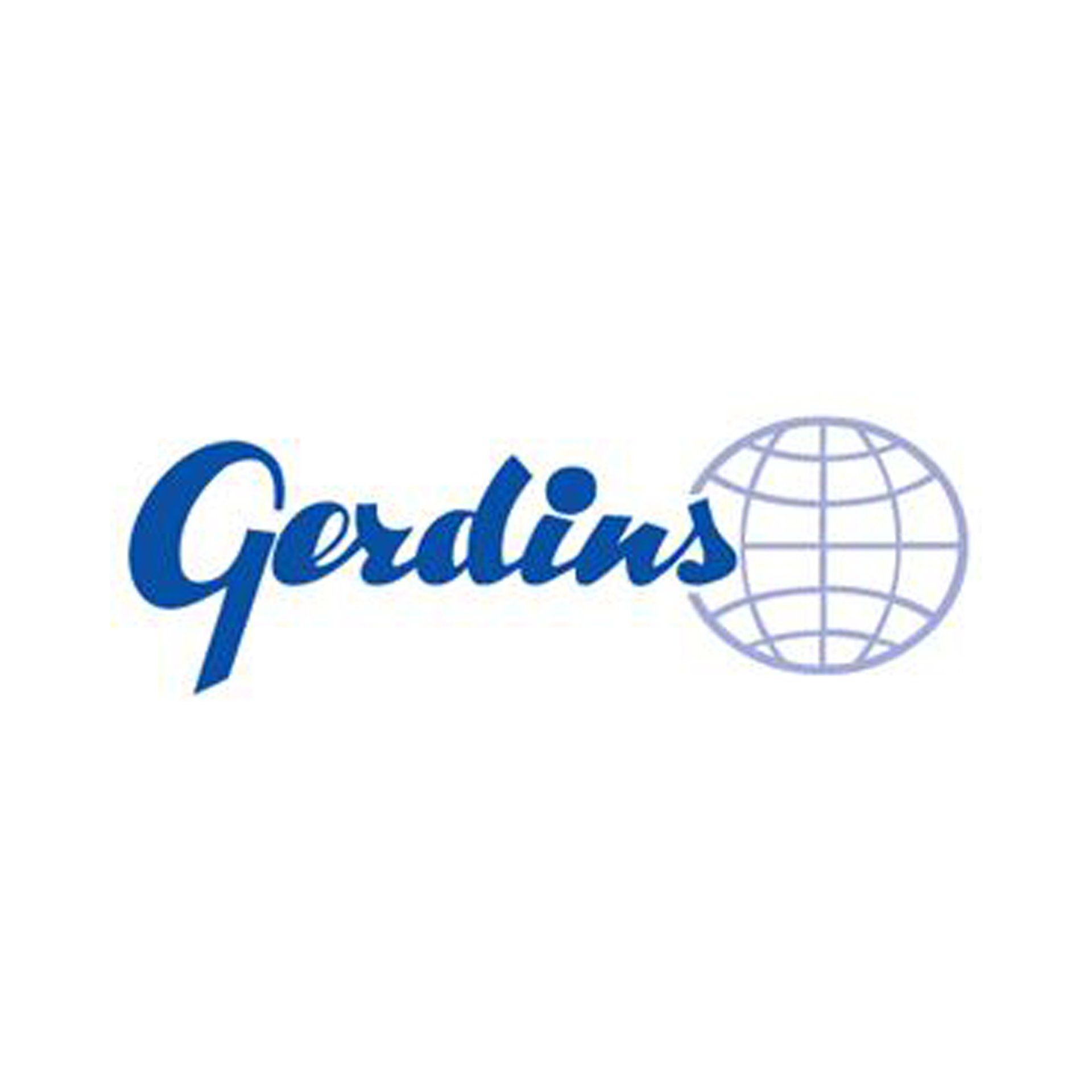 Het Gerdins-logo met blauwe cursieve tekst en een grijs wereldbolpictogram.