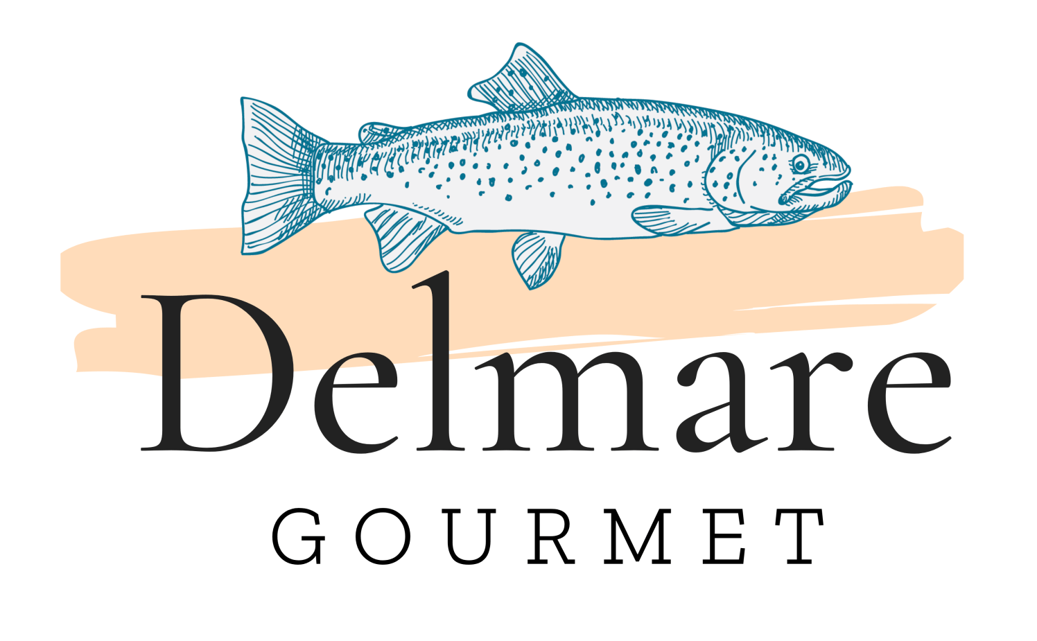 Un logo para delmare gourmet con una trucha