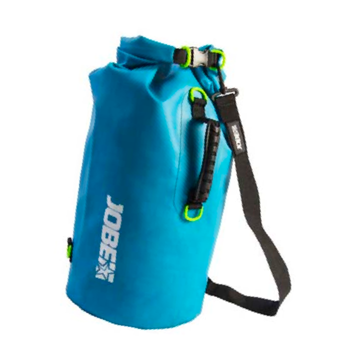 Een blauwe, waterdichte Jobe dry bag met een zwart handvat, schouderband en limoengroene accenten op een witte achtergrond.