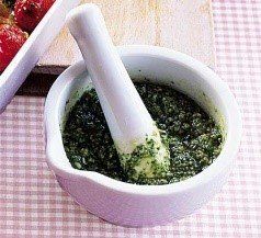 pesto in pestle and mortar
