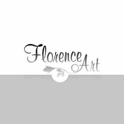 Logo di Florence Art con testo corsivo e decorazioni floreali su un rettangolo grigio.