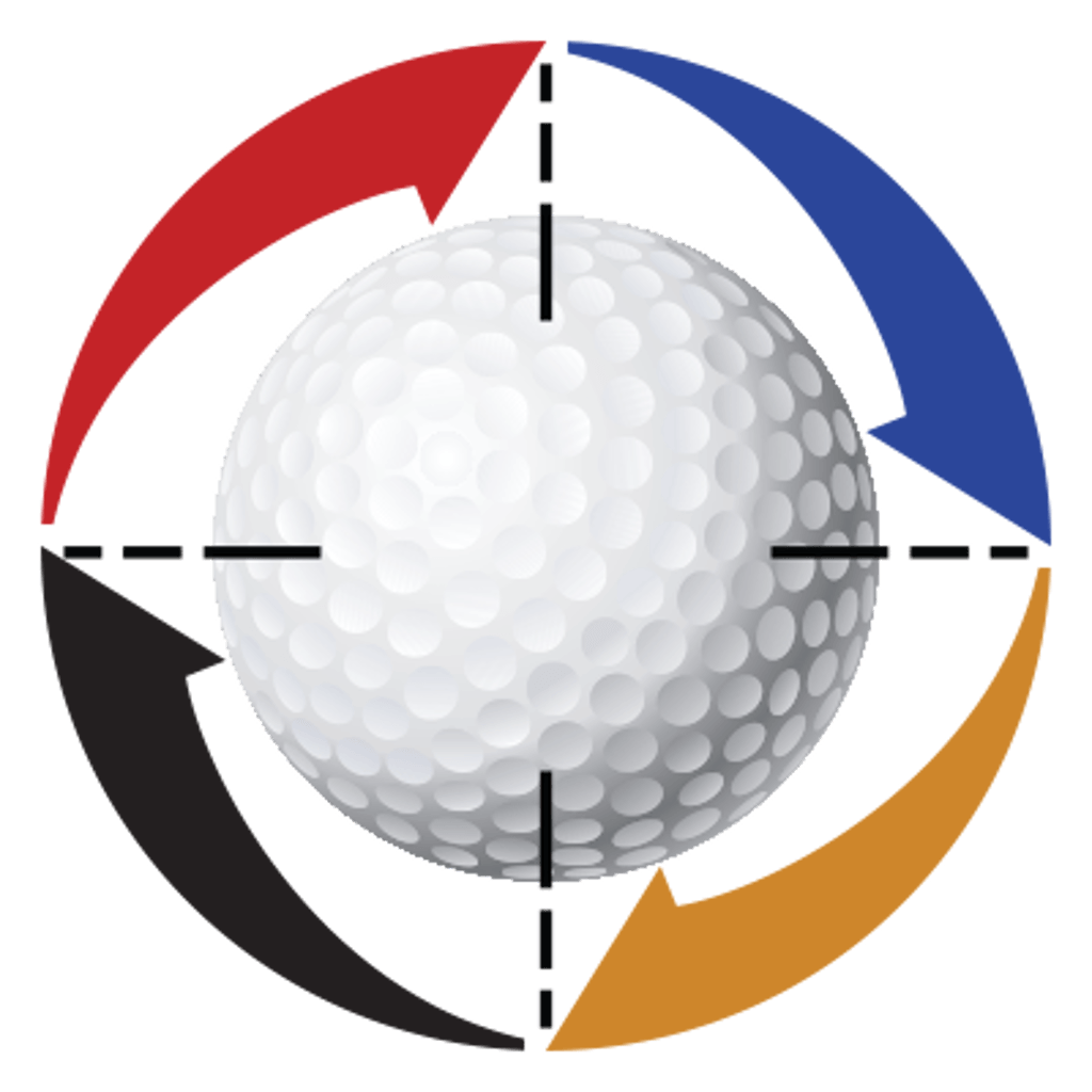 Golf ball surrounded by four curved arrows: red, blue, gold, and black.