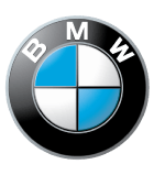 BMW logo: Blue and white segmented circle within a black ring, with 