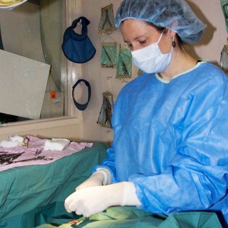 A surgeon wearing a mask and gown is operating on a patient