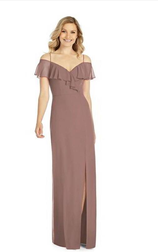 pale pink floor length dress, off the shoulder with a slit to the knee
