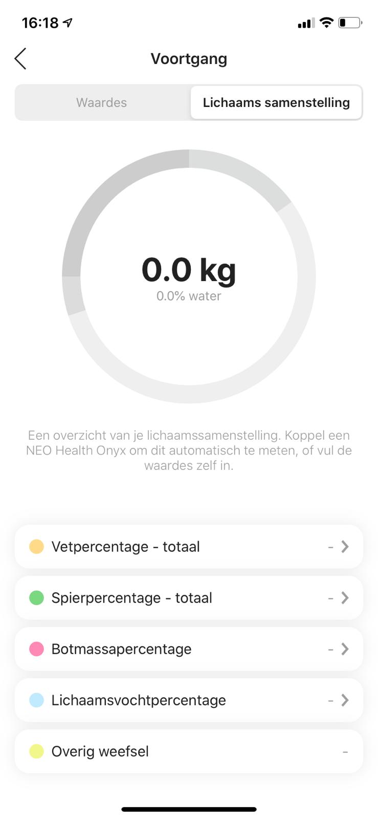 een telefoonscherm met een cirkel waarop 0,0 kg staat.