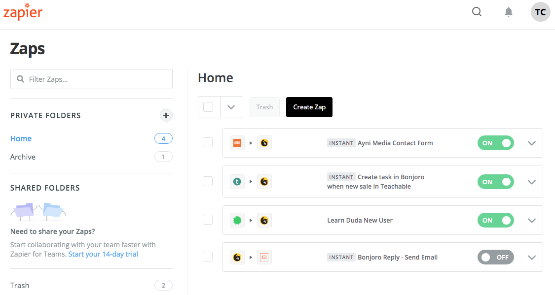 use zapier to connect services to bonjoro