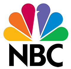 NBC peacock logo with rainbow colored petals and black 