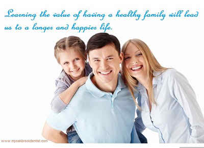 Family smiling together, text: