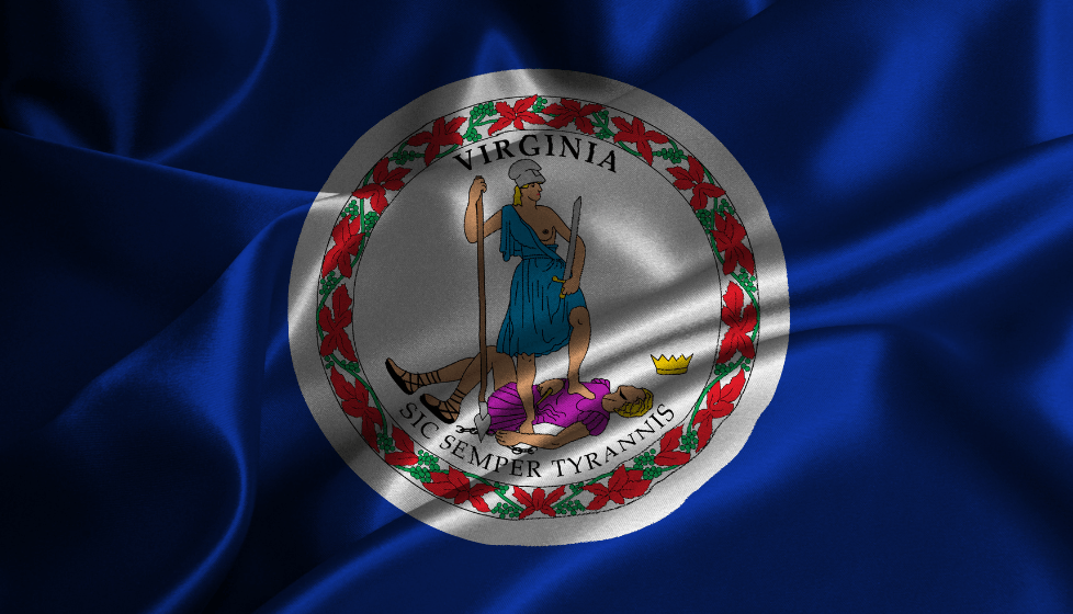 Virginia State Flag slightly wrinkled as it lays on a flat surface