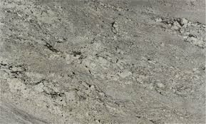 A light gray granite slab with white and black mineral flecks, swirling patterns, and a textured, stone-like appearance.