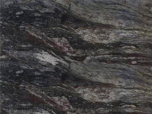 A close-up view of textured, dark-toned granite slab with swirling patterns of black, grey, and hints of rust-brown.