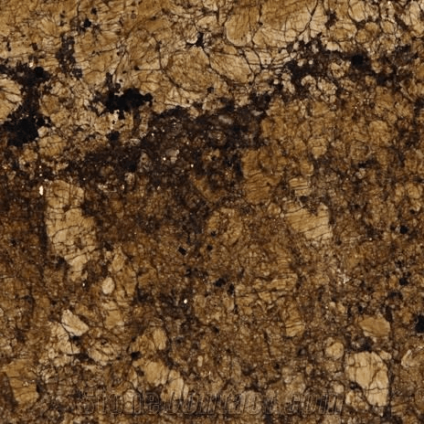 A close-up of brown, mottled granite stone with textured patterns of light and dark beige, tan, and black mineral flecks.