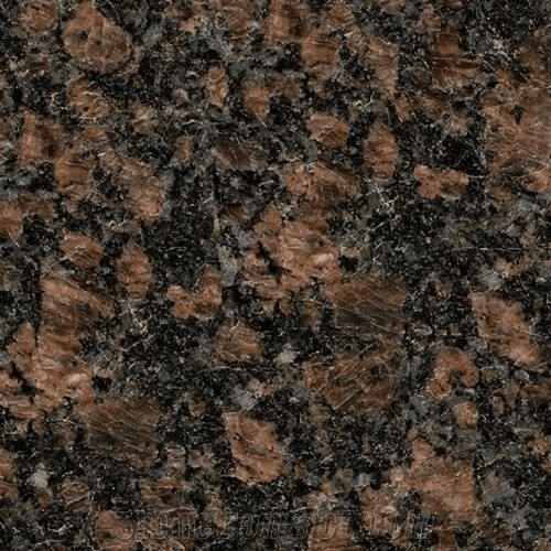 Granite texture featuring a dense pattern of interlocking dark brown, tan, and black mineral crystals.
