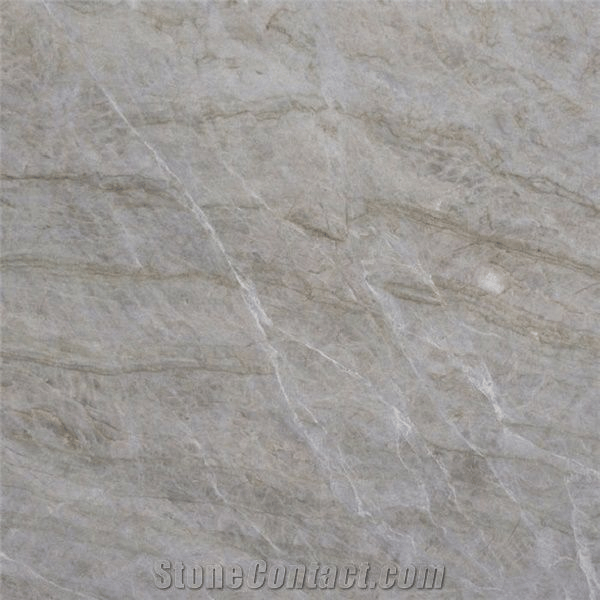 A light gray stone slab with subtle, flowing beige veining and a polished, marbled texture.