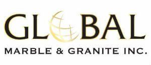 Logo for Global Marble & Granite Inc. featuring a gold globe icon replacing the letter 