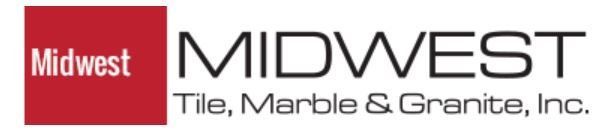 The logo for Midwest Tile, Marble & Granite, Inc., featuring a red square with the word 