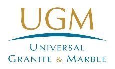 Logo for Universal Granite & Marble (UGM) featuring gold letters above a dark teal horizontal arch.