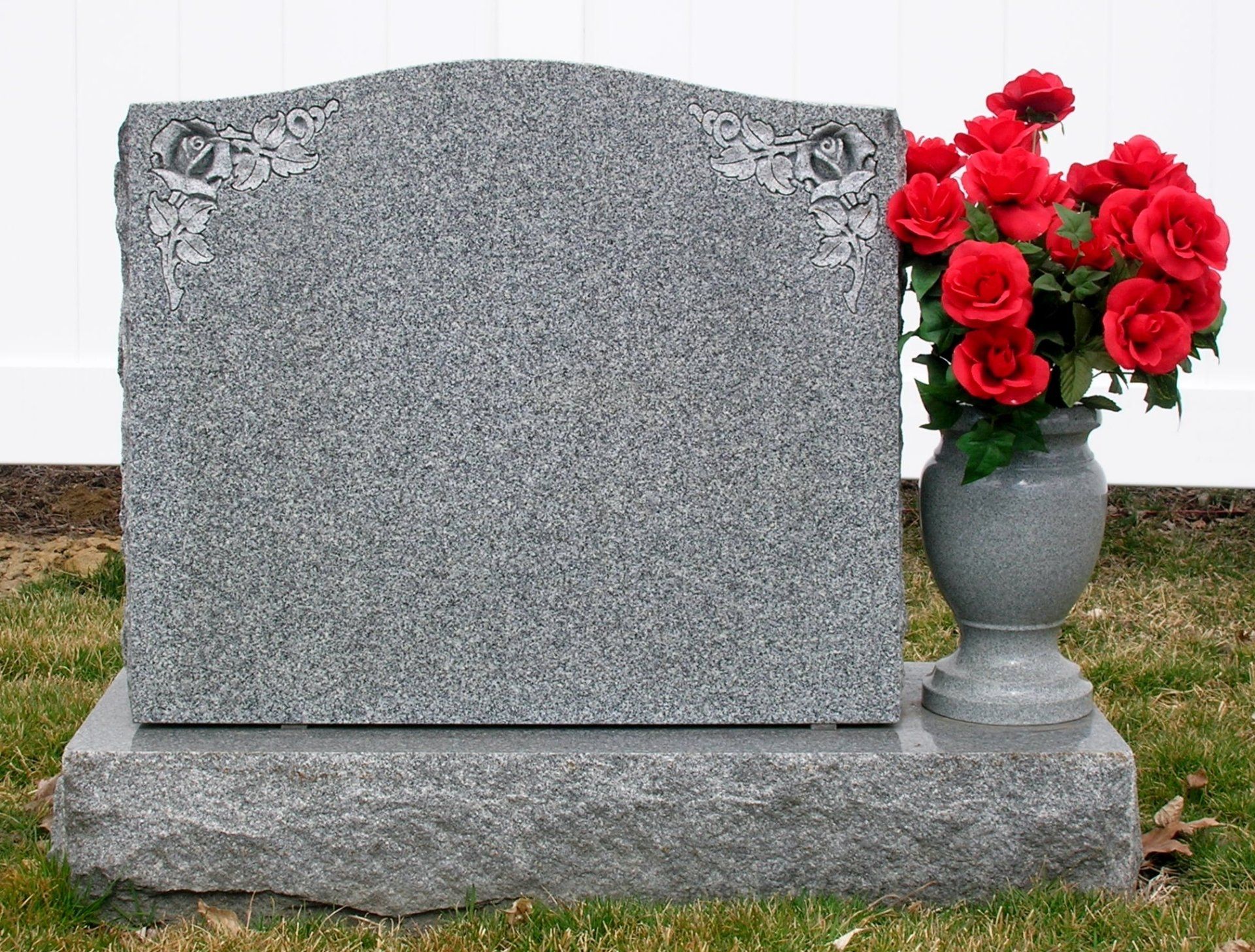 memorial - Barre grey granite with hand carved roses and turned granite vase