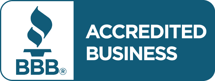 BBB Accredited Business logo: torch icon and white text on teal background.