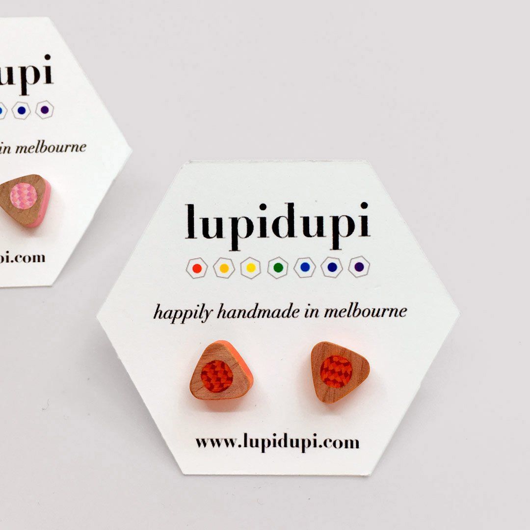 stud earrings made from slices of a coloured pencil, made by Lupidupi (Ulrike Perkins)