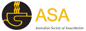Logo of the Australian Society of Anaesthetists: a yellow design within a black circle next to