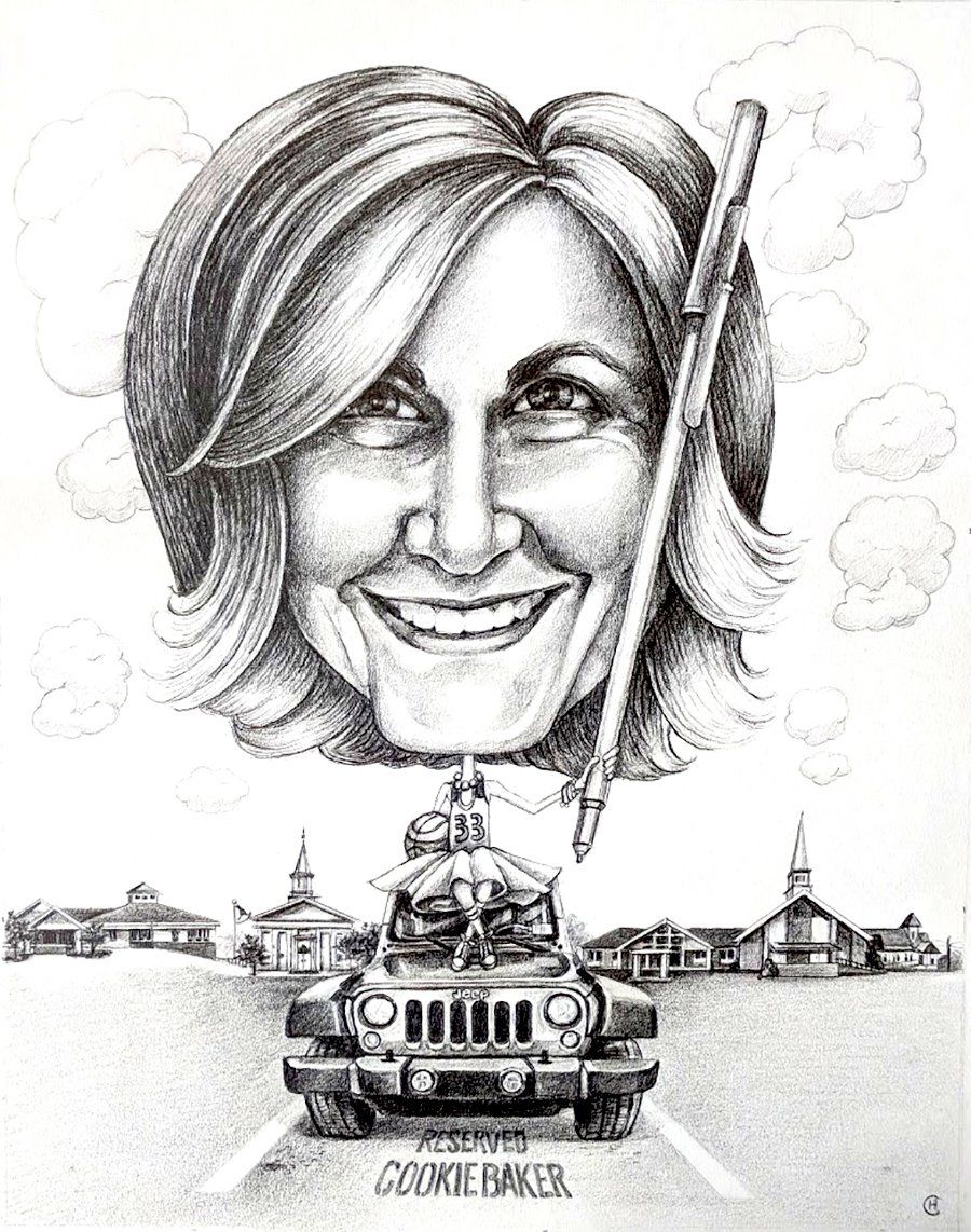 Caricature of a woman sitting on her jeep holding a giant pen .