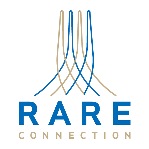 A blue and tan logo for rare connection