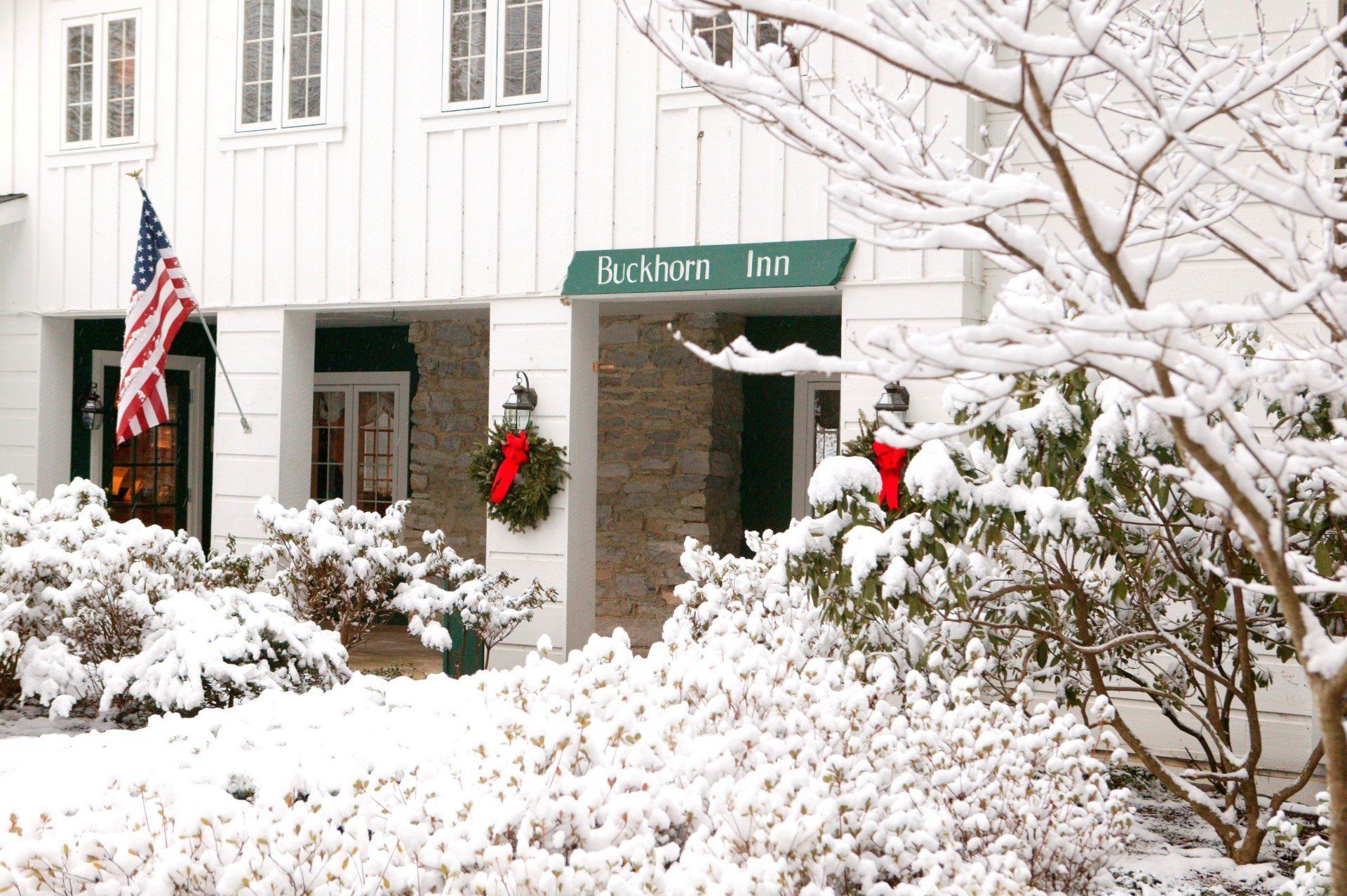 A white building with a green sign that says jackson inn