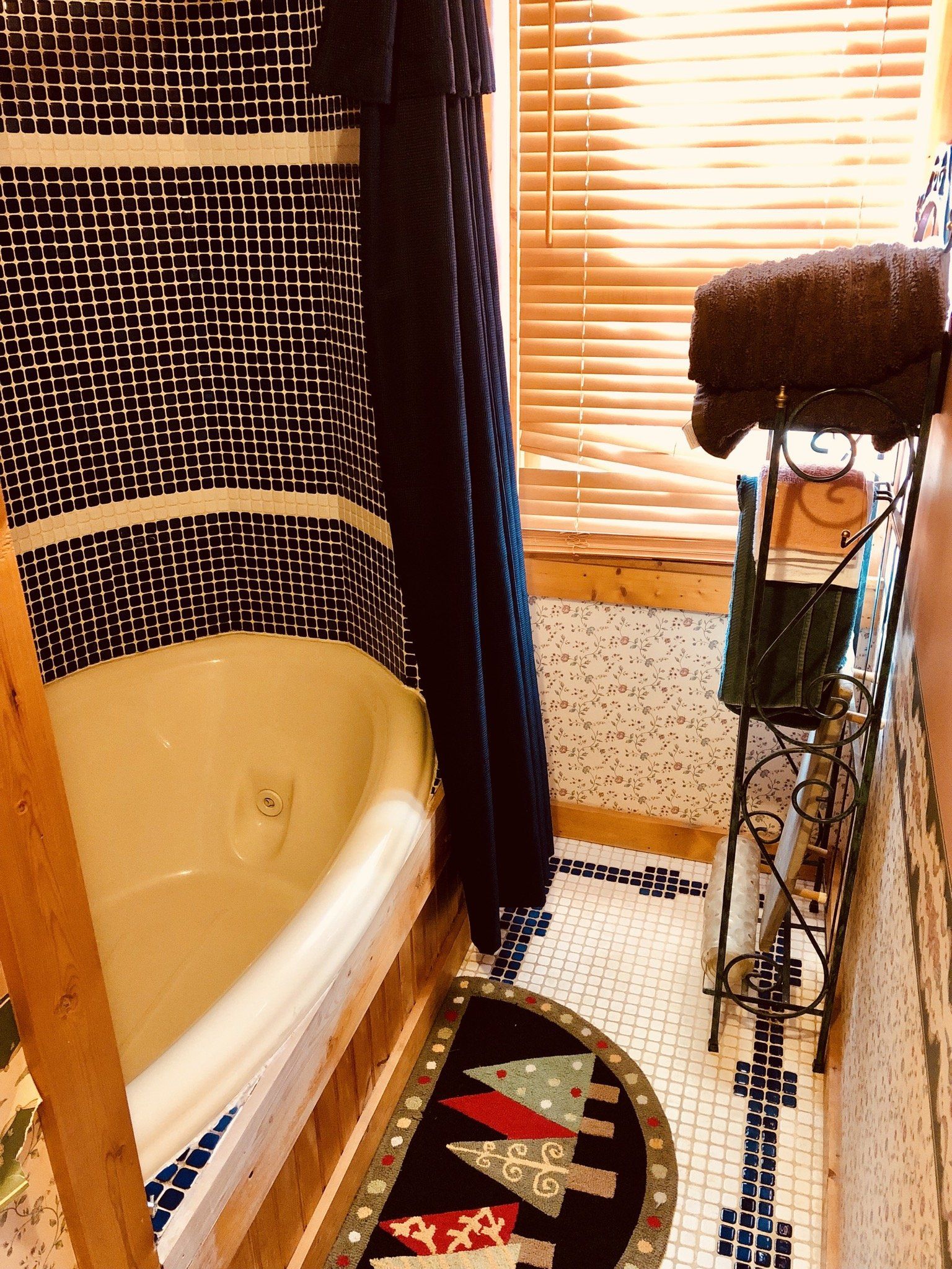 A bathroom with a bathtub and a rug on the floor