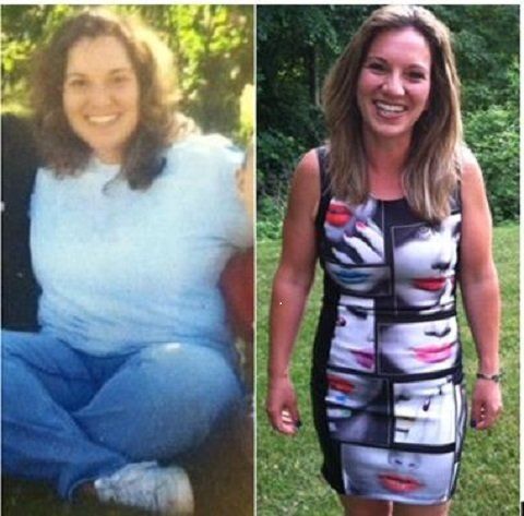 Woman, smiling, before and after weight loss. Left, seated, in blue jeans, white shirt. Right, in dress, outdoors.