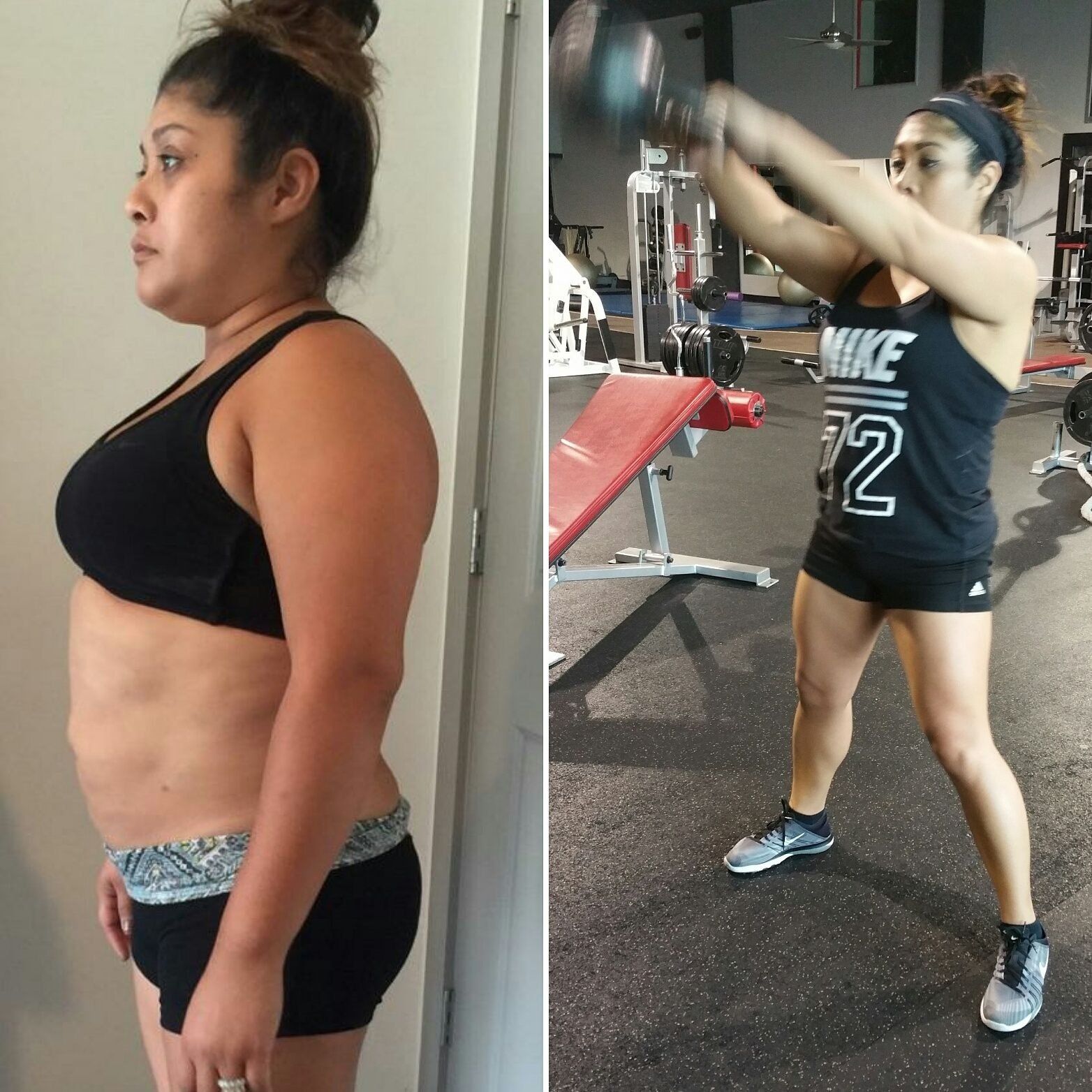 Side-by-side: Woman before and after weight loss.  Before: wearing black, side view. After:  lifting kettlebell at gym.