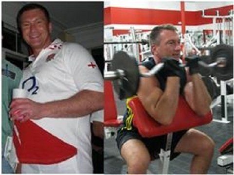 Man before and after weight training; smiling in casual clothes, lifting weights in a gym.