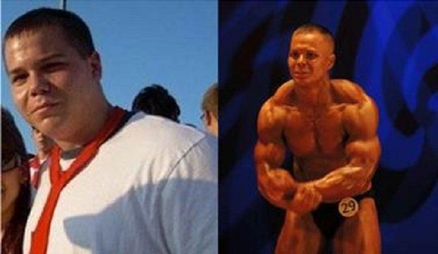 Transformation: Overweight man on left vs. muscular bodybuilder on stage on the right, flexing.