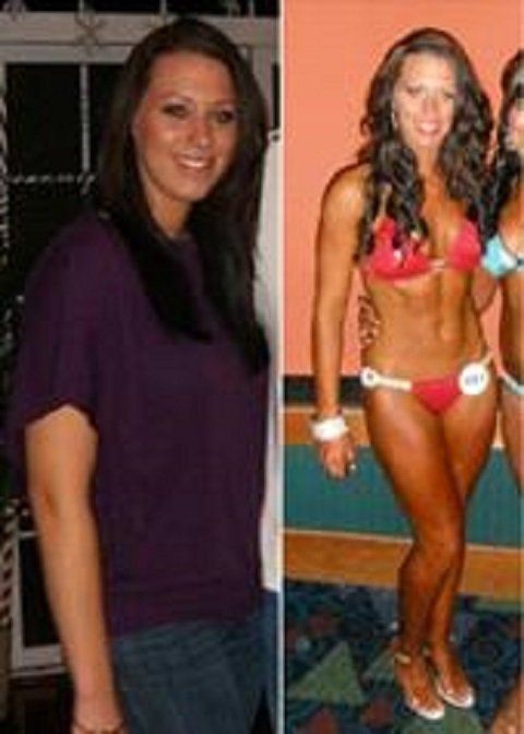 Woman before and after fitness transformation. Left: purple shirt, jeans. Right: bikini, tanned, posing.