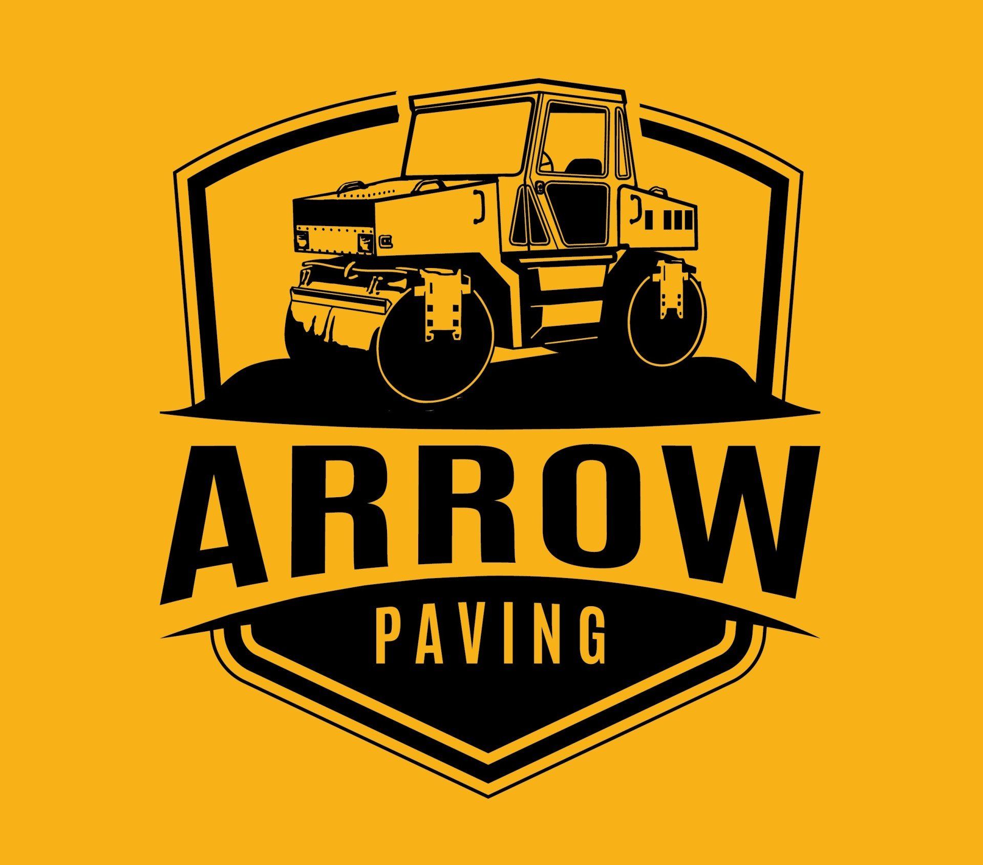 Black logo of a road roller within a shield; 