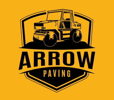 Black logo of a road roller within a shield; 