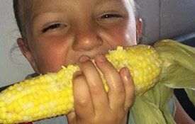A young girl is eating corn on the cob.
