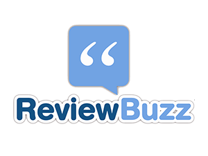 ReviewBuzz logo: blue speech bubble with quote marks above blue text 
