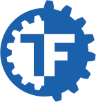 A blue gear with the letter f inside of it.