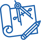 A blue icon of a pencil , compass , and a roll of paper.