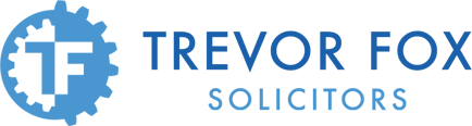 The logo for trevor fox solicitors is blue and white